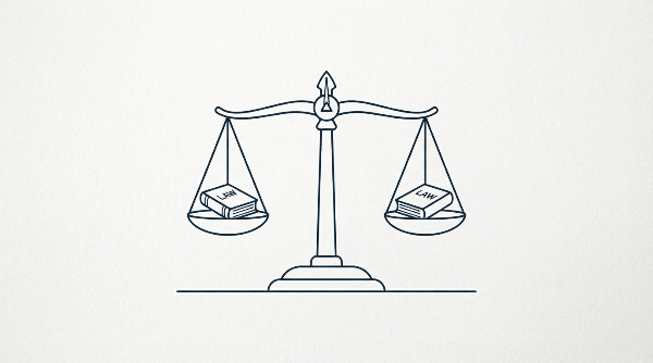 A minimalist line art illustration of a balanced scale, with books labeled "LAW" on each pan, representing the concept of finding the best law LLM.