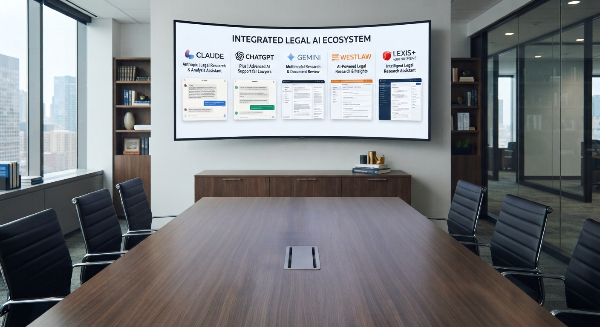 A wide-angle interior photograph of a modern, empty executive conference room with a large wall-mounted monitor displaying an "INTEGRATED LEGAL AI ECOSYSTEM" interface featuring logos and UI examples for Claude, ChatGPT, Gemini, Westlaw, and Lexis+ side-by-side.