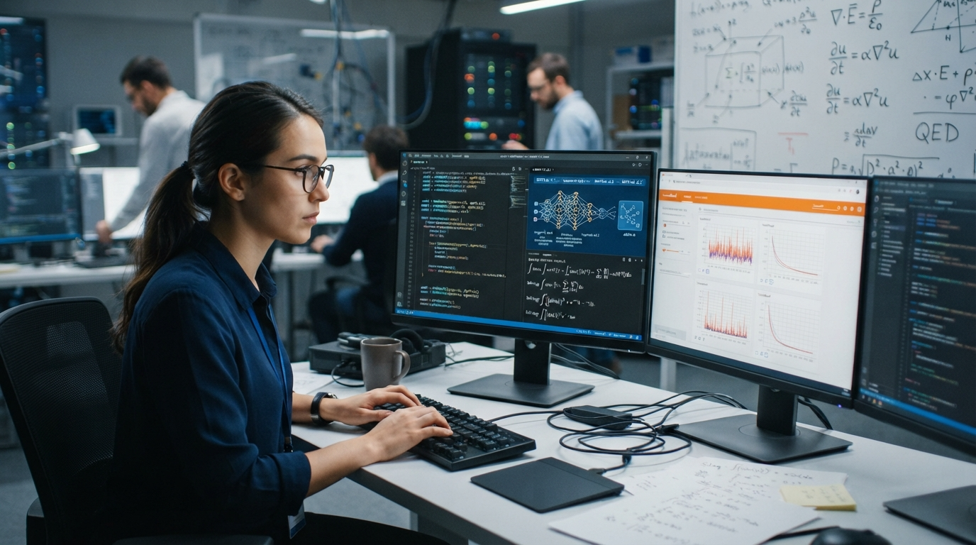 A female researcher works at a computer developing an AI Model for Math in a high-tech laboratory with math formulas on the whiteboard behind her.