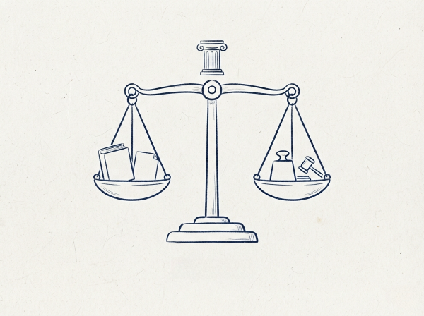 A line art illustration of a balanced scale on textured paper, featuring books in the left pan and a gavel with a weight in the right.
