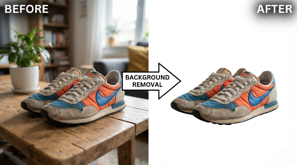 This split-screen comparison shows a pair of vintage sneakers on a living room table (Before) and perfectly isolated against a white background (After), demonstrating the results of a professional image background remover.