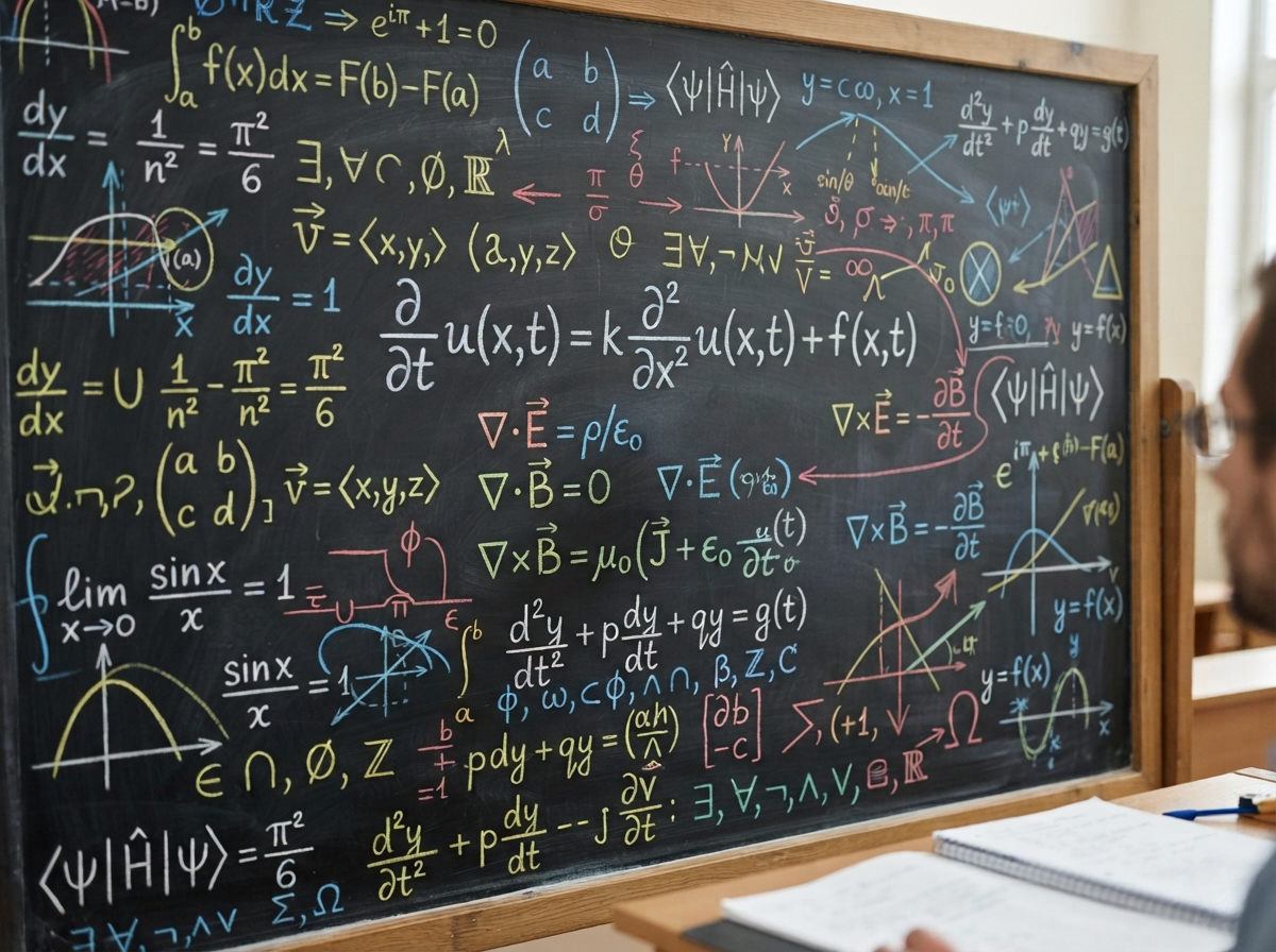 A detailed view of a dense chalkboard covered in complex mathematical equations, physics formulas, and geometric diagrams, illustrating the vast amount of knowledge an AI model for math needs to process and understand.