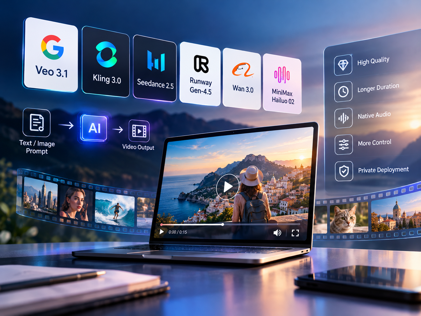Comparison of leading AI video generation APIs including Veo 3.1, Kling 3.0, Seedance 2.5, Runway Gen-4.5, Wan 3.0, and MiniMax Hailuo 02.